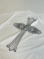 White short-sleeve T-shirt with large black ribbon-style back graphic.