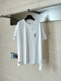 White short-sleeve T-shirt on hanger, crew neck, small chest logo graphic