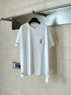 White short-sleeve T-shirt on hanger, crew neck, small chest logo graphic