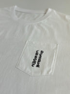 White T-shirt front pocket panel with black vertical logo graphic.