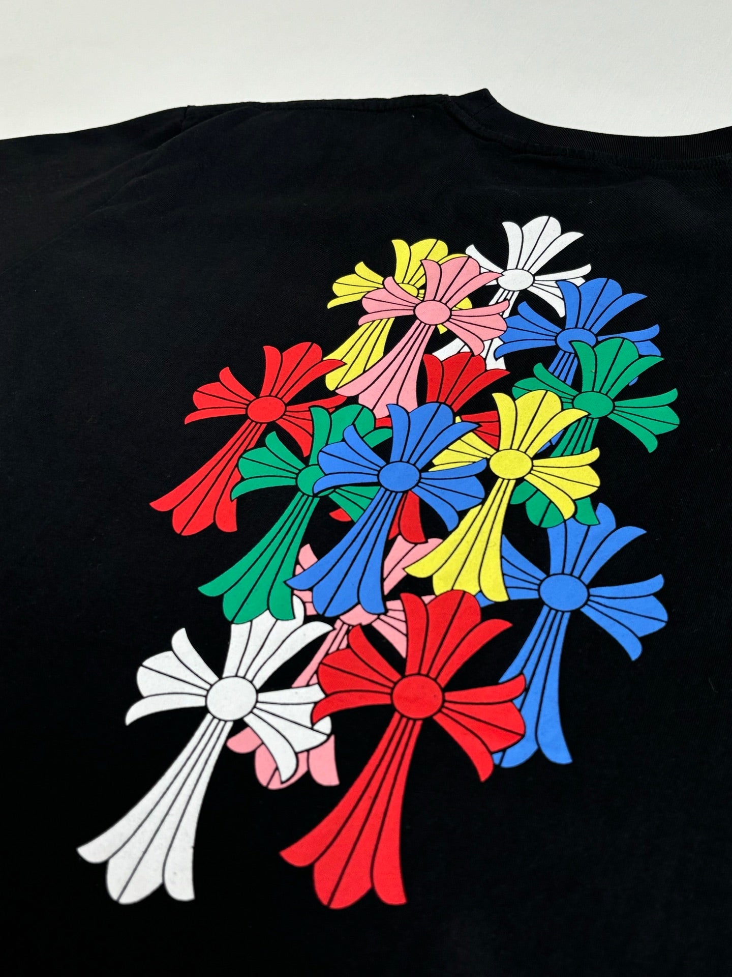 Black short-sleeve T-shirt back with multicolor floral bouquet graphic