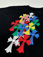 Black short-sleeve T-shirt with large colorful flower bouquet graphic