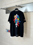 Black short-sleeve T-shirt with large multicolor floral graphic on the back