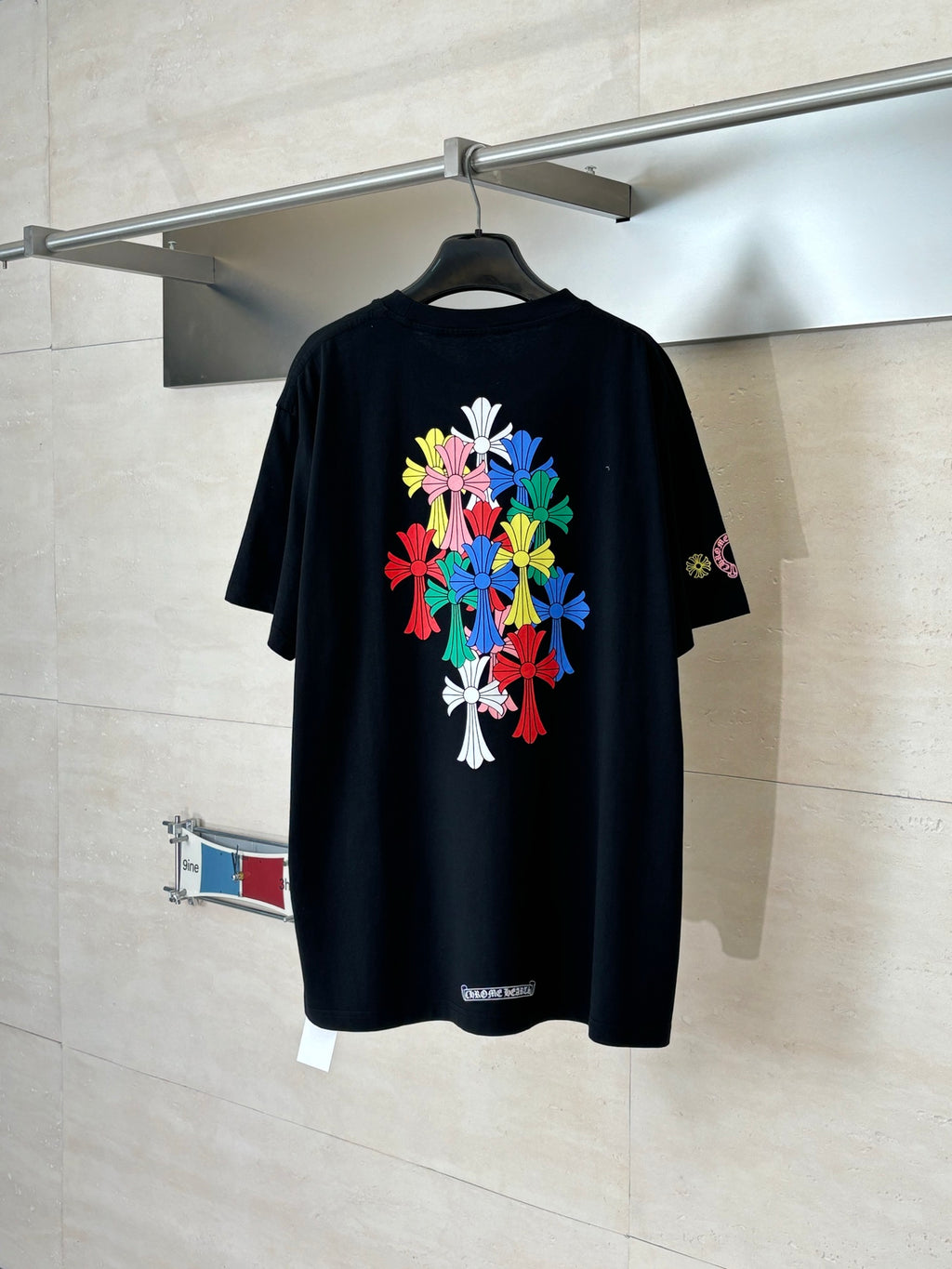 Black short-sleeve T-shirt with large colorful flower bouquet back print