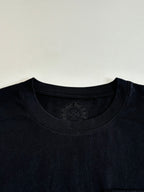 Black short-sleeve T-shirt with circular embossed logo at the neckline.