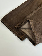 Brown denim pants hem with stitched cuff and folded leg opening detail.