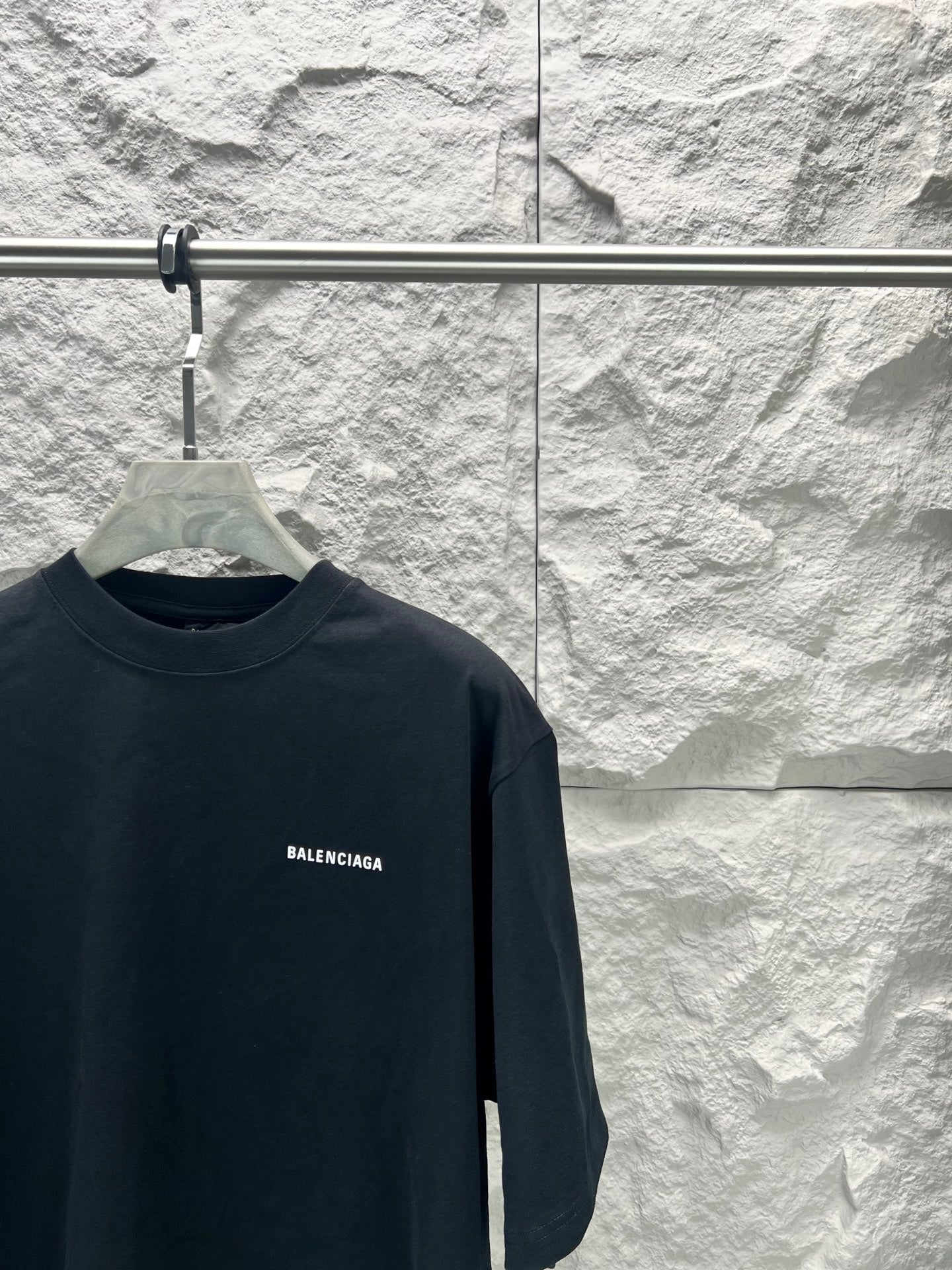 Balenciaga dark navy T-shirt neckline and small left chest BALENCIAGA logo