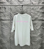 White T-shirt with large pink BALENCIAGA logo on back