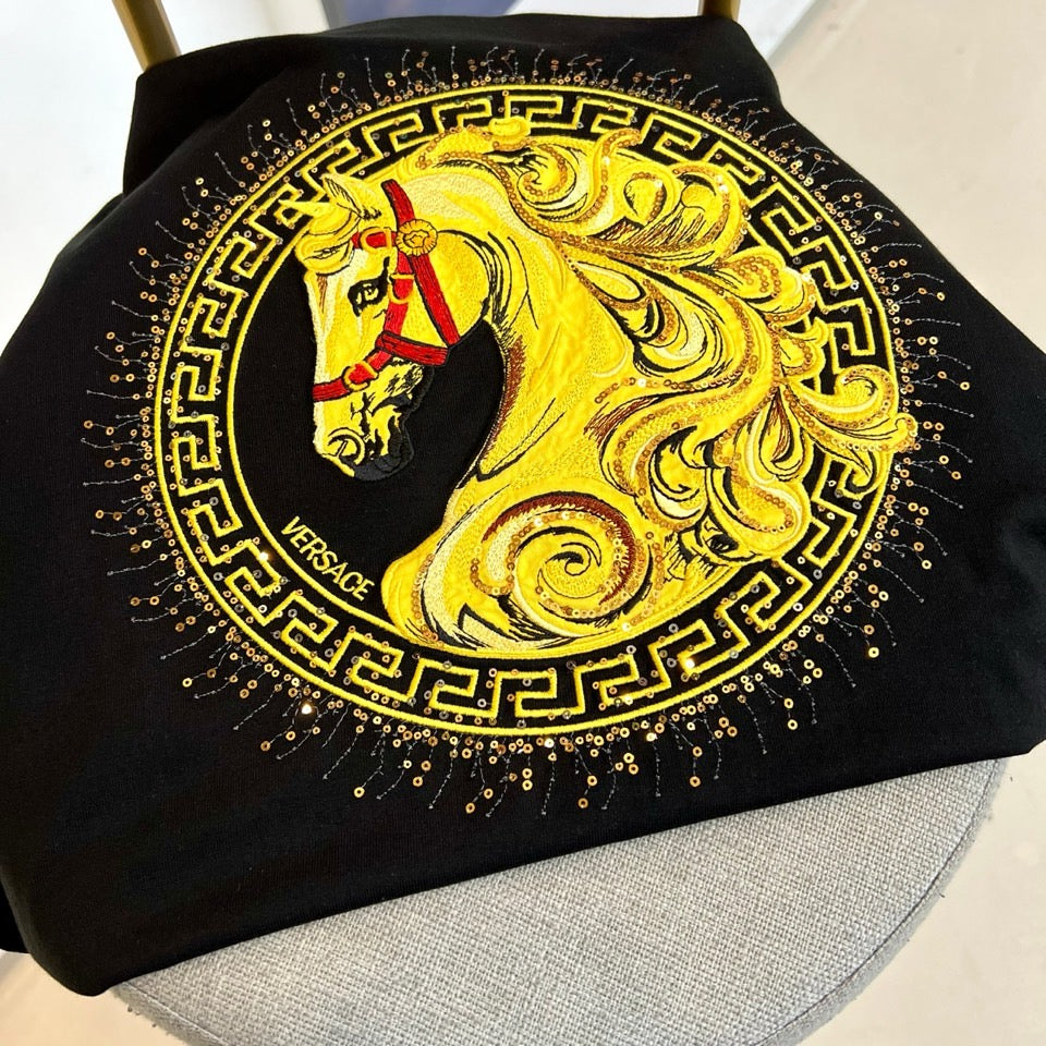 Versace T-shirt chest graphic, black with gold lion and Medusa emblem