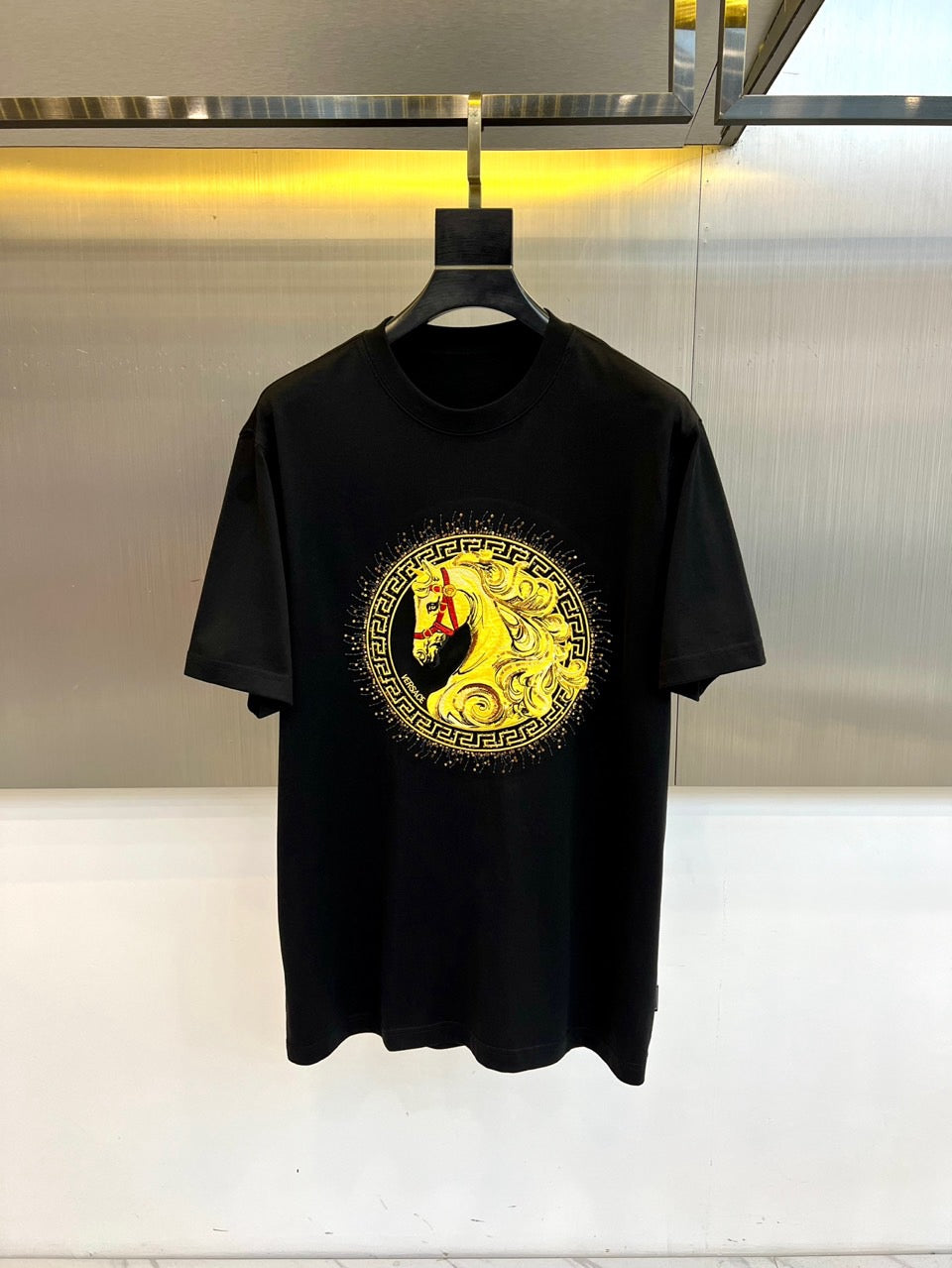 Versace T-shirt, black with gold Medusa-style crest and horse graphic