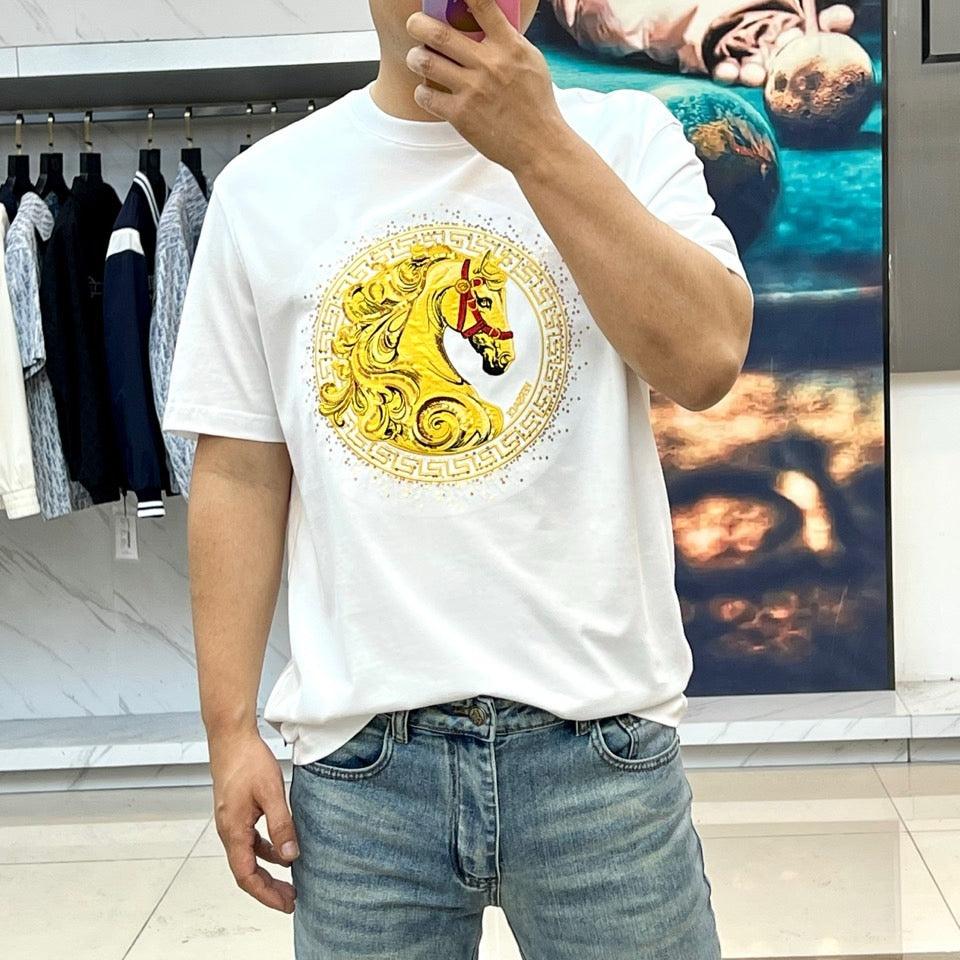 White T-shirt with large gold horse logo graphic