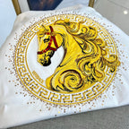 White T-shirt back with gold horse crest and rhinestone trim