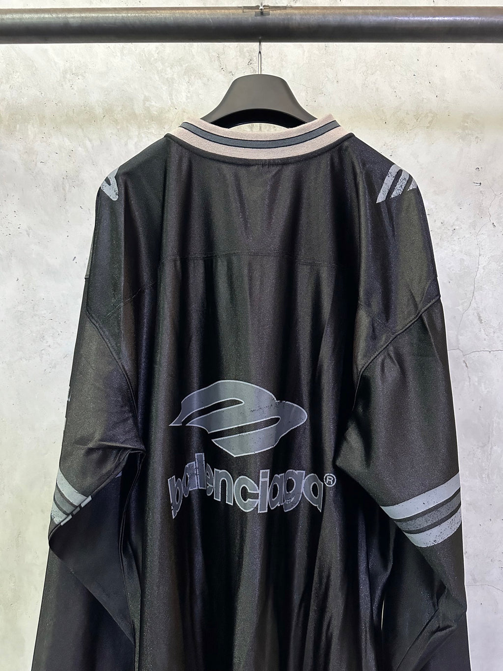 Balenciaga long-sleeve shirt black, back view with logo and striped collar