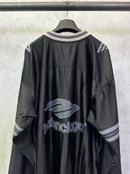 Balenciaga long-sleeve shirt black, back view with logo and striped collar