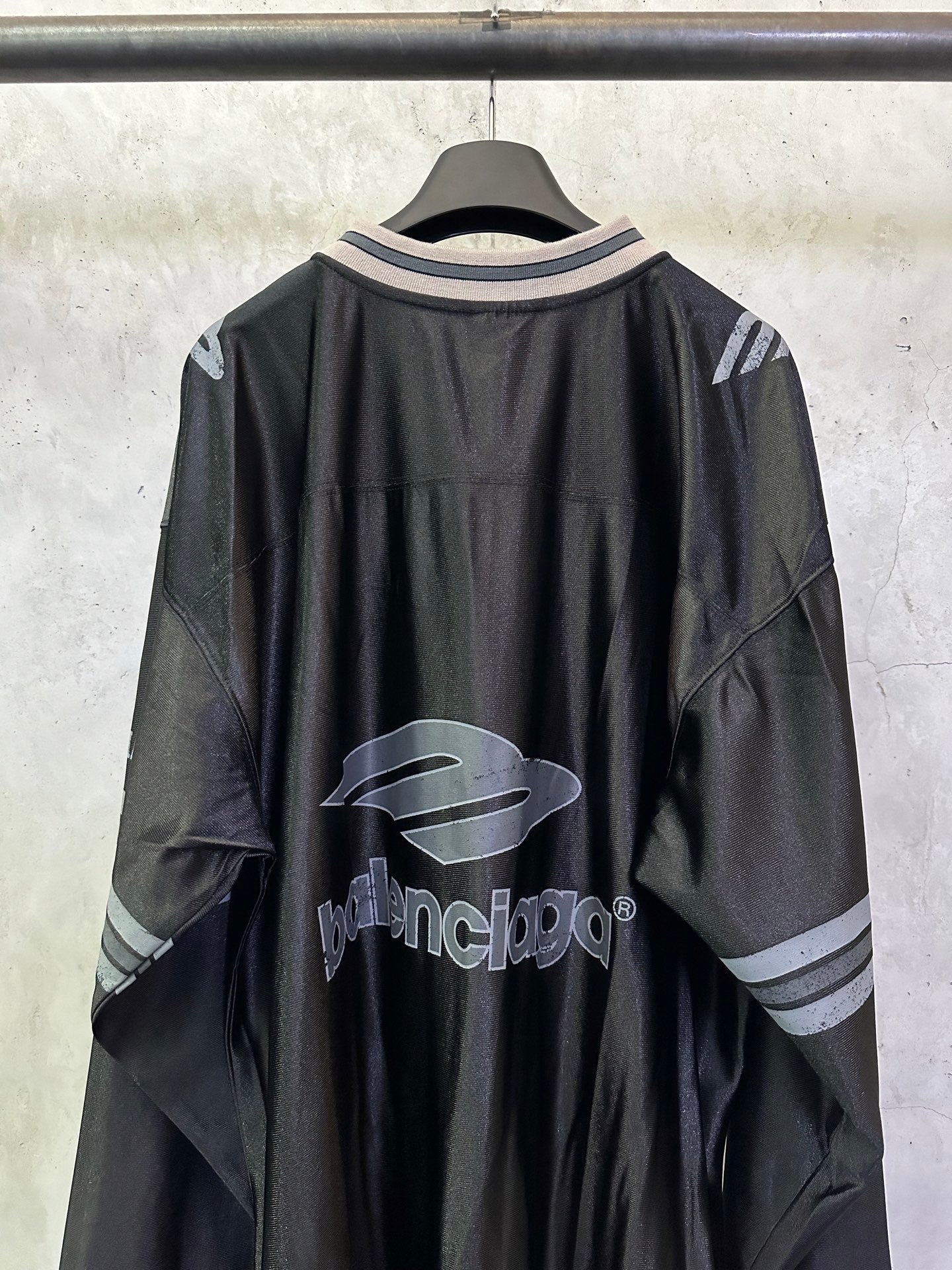 Balenciaga long-sleeve shirt black, back view with logo and striped collar