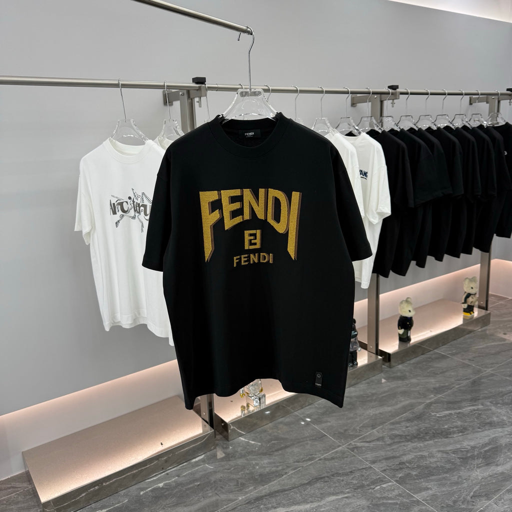Black short-sleeve T-shirt with large yellow FENDI logo graphic