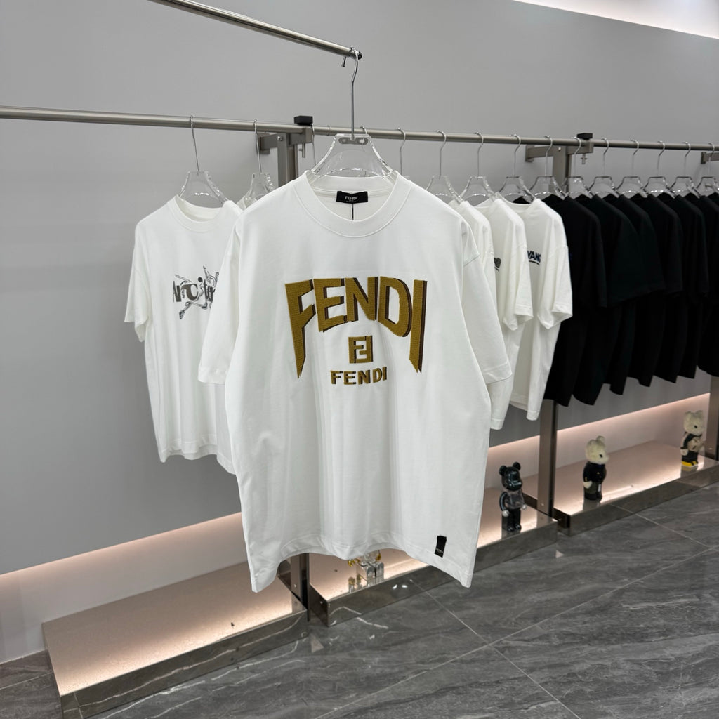 Fendi white short-sleeve T-shirt with gold FENDI logo on the front
