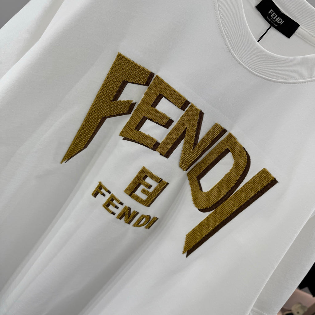 Fendi white short-sleeve T-shirt with gold FENDI logo print