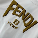 Fendi white short-sleeve T-shirt close-up of gold FENDI logo print