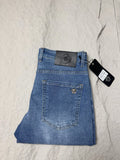 Versace blue denim jeans with waistband patch, belt loops and front zipper fly