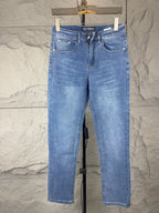 Versace blue straight-leg denim jeans on hanger, five-pocket design and button closure