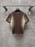 Short-sleeve T-shirt with dark brown base and yellow monogram-style print, crew neck