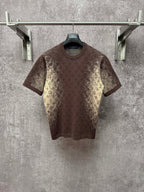 Short-sleeve T-shirt with dark brown base and yellow monogram-style print, crew neck