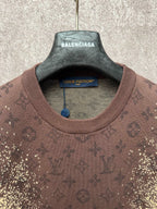 Short-sleeve T-shirt collar close-up with Balenciaga and Louis Vuitton hang tag