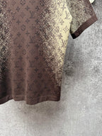 Short-sleeve T-shirt hem and lower front, dark brown with yellow monogram-style print