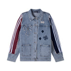 Light-wash denim jacket with button front, chest patches, and striped sleeves