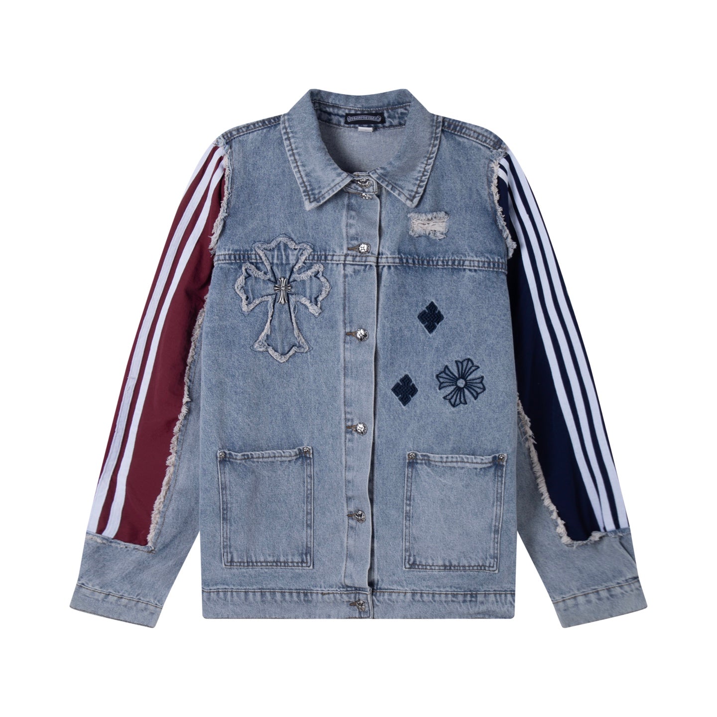 Light-wash denim jacket with button front, chest patches, and striped sleeves
