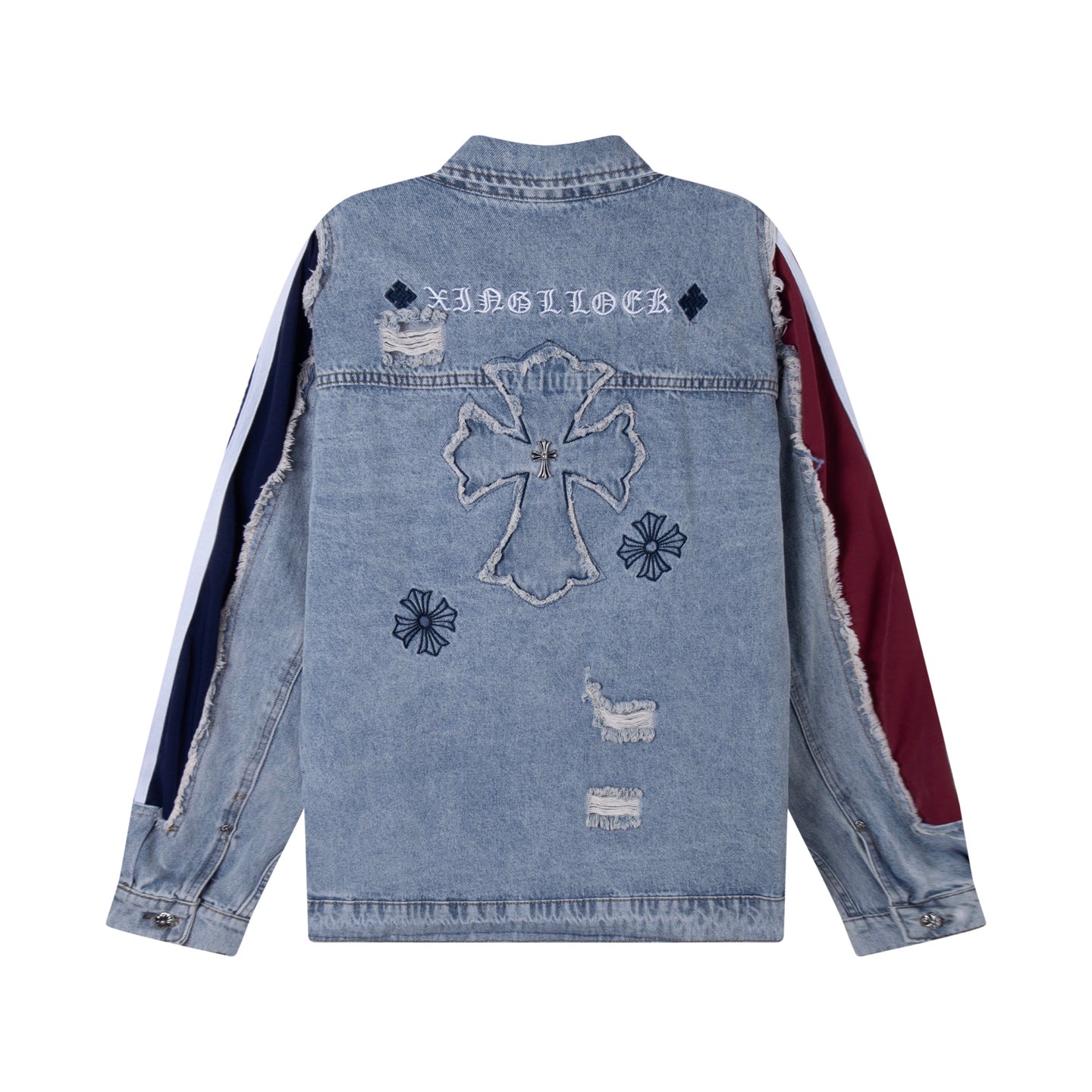 Light-wash denim jacket, back view with cross and flower appliques