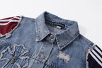Light-wash denim jacket collar with applique patches and front button placket
