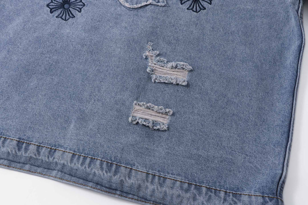 Denim jacket back panel with two horizontal distress patches