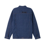 Dark blue patterned long-sleeve button-up shirt, back view with hem buttons