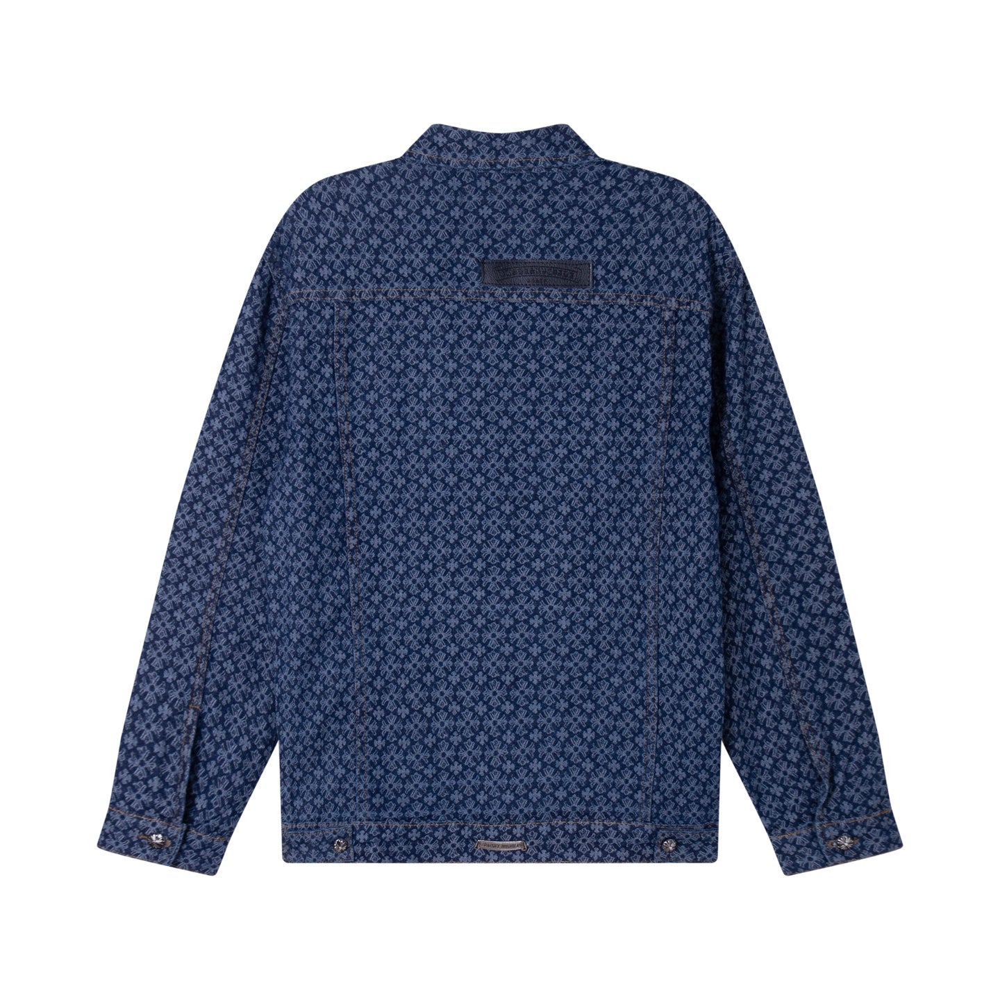 Dark blue patterned long-sleeve button-up shirt, back view with hem buttons