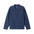 Dark blue patterned long-sleeve button-up shirt with chest pockets and button front