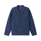 Dark blue patterned long-sleeve button-up shirt with chest pockets and button front