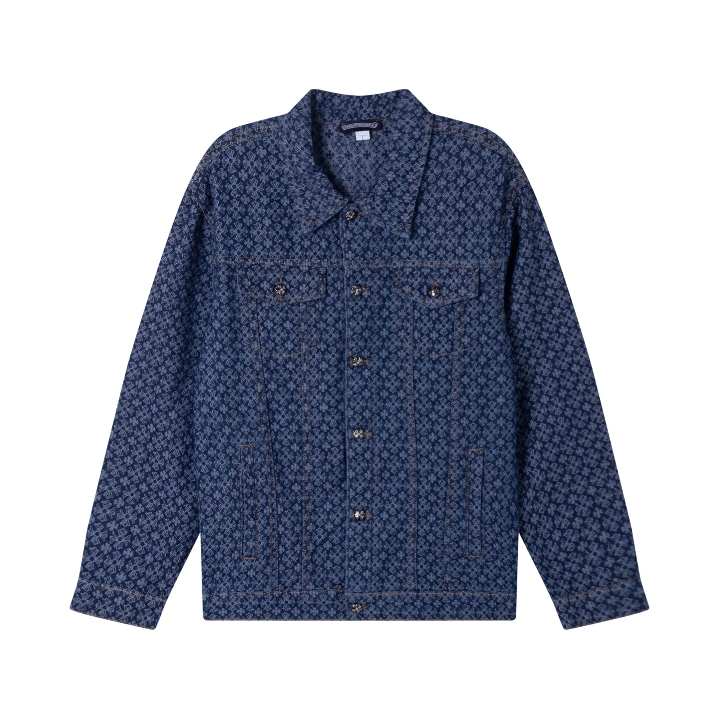 Dark blue patterned long-sleeve button-up shirt with chest pockets and button front