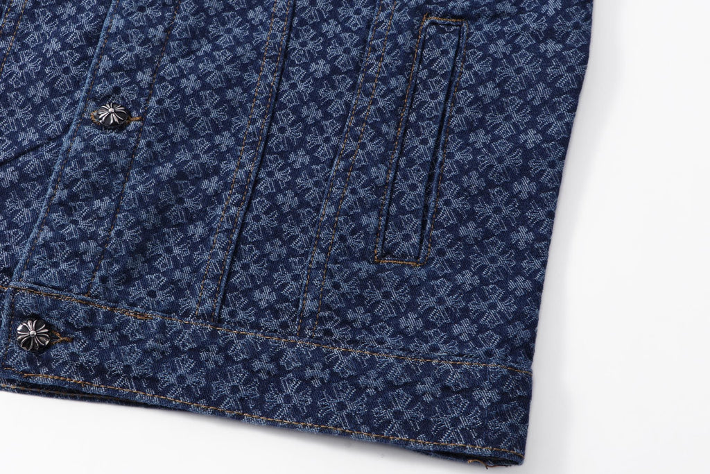 Dark blue patterned shirt hem with buttoned placket detail
