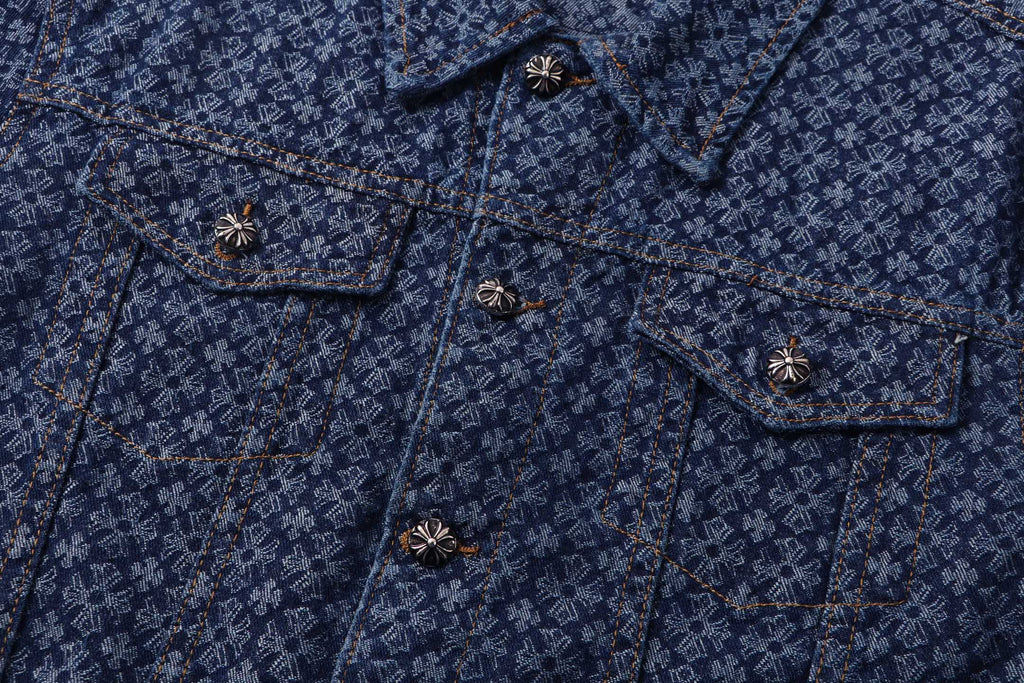 Dark blue patterned shirt chest area with multiple buttons and pocket flaps