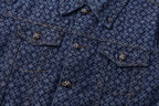 Dark blue patterned shirt chest area with multiple buttons and pocket flaps