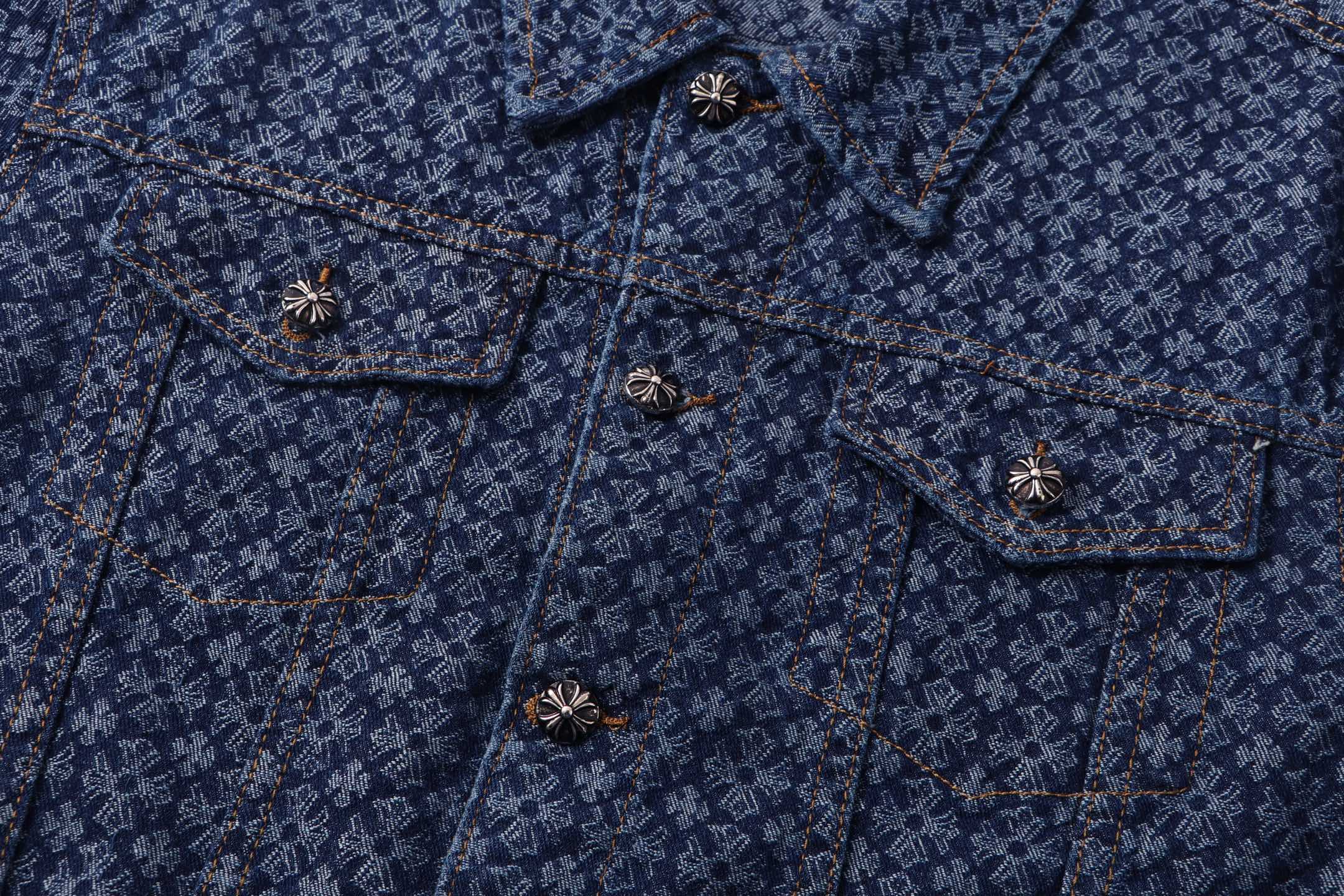 Dark blue patterned shirt chest area with multiple buttons and pocket flaps