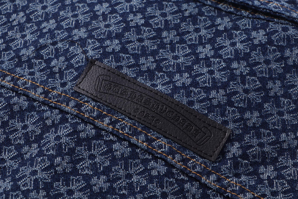 Dark blue patterned shirt interior label on button placket