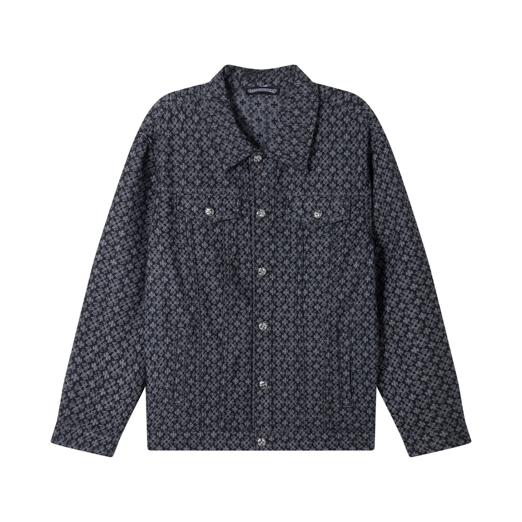 Long-sleeve button-up shirt in dark patterned fabric with point collar and chest pockets
