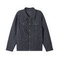 Long-sleeve button-up shirt in dark patterned fabric with point collar and chest pockets
