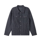 Long-sleeve button-up shirt in dark patterned fabric with point collar and chest pockets