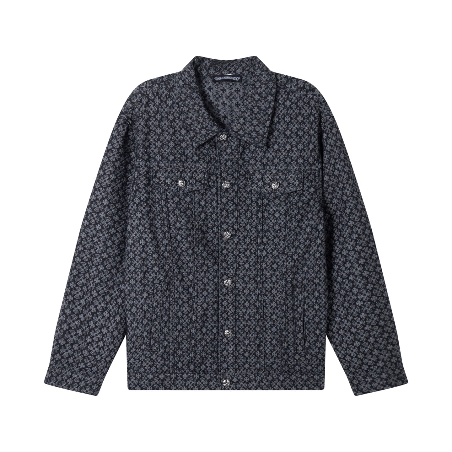 Long-sleeve button-up shirt in dark patterned fabric with point collar and chest pockets