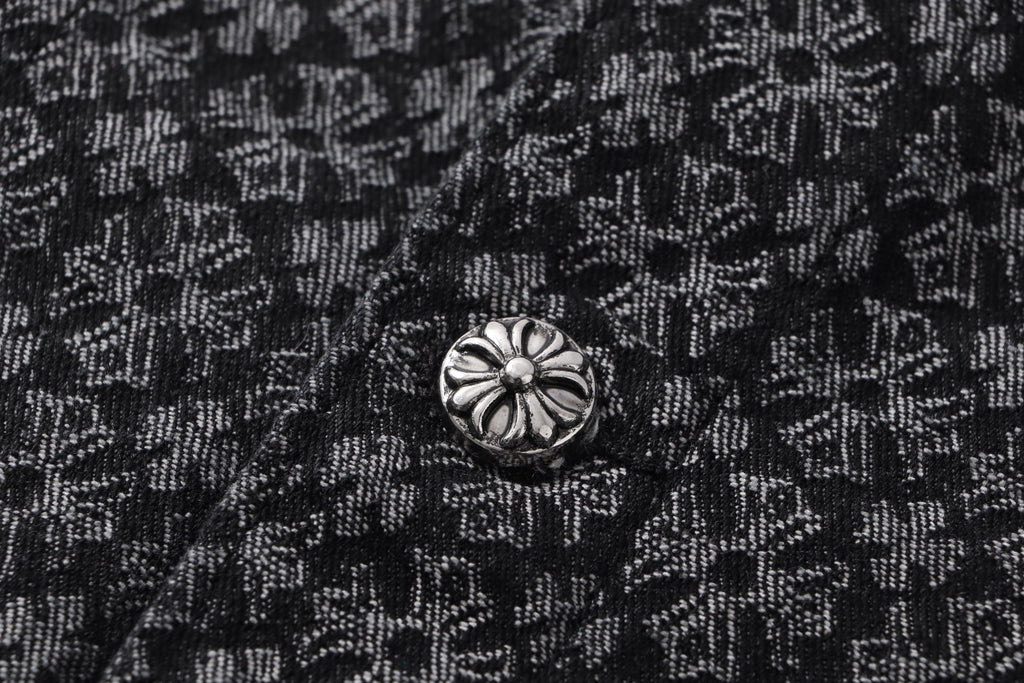 Dark patterned shirt with silver-tone floral button