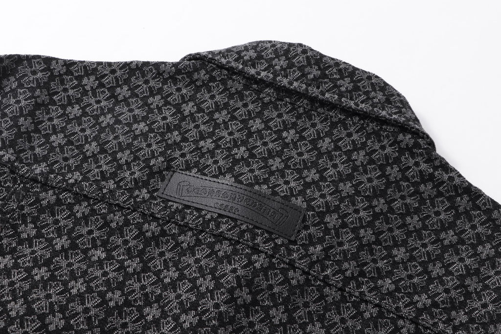 Dark patterned shirt placket and inside neck label